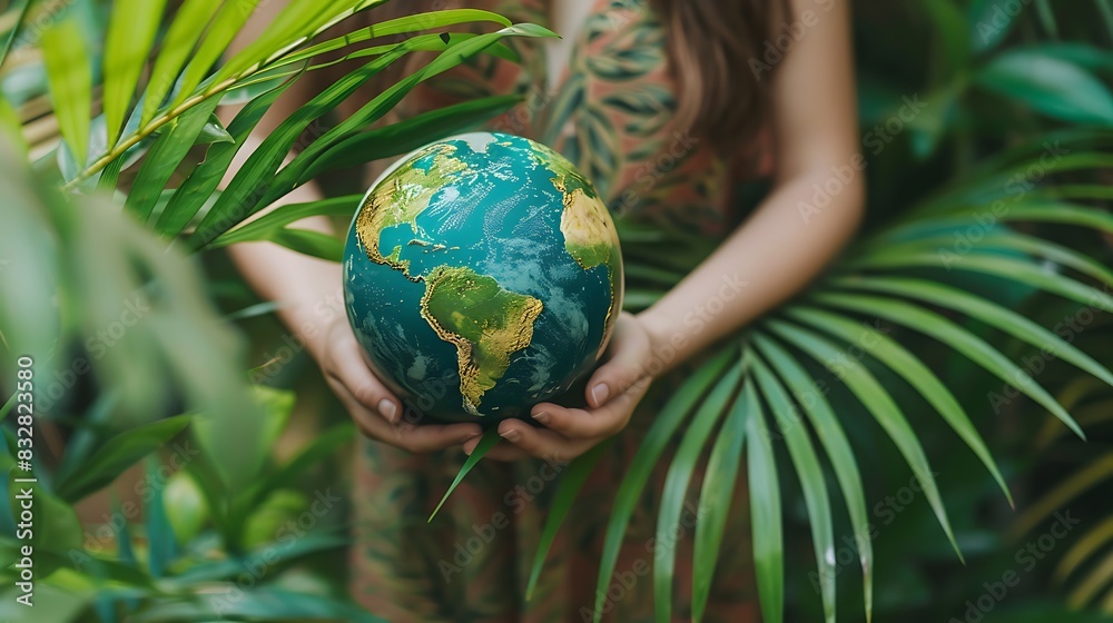 Little girl holding the Earth globe in the middle of the jungle. The concept of saving the planet and ecology. Little girl holding the Earth globe in the middle of the jungle. The concept of saving the planet and ecology.