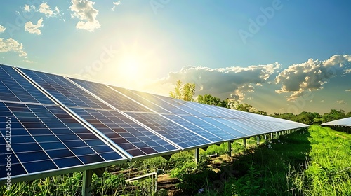 Large solar panels field generating clean renewable energy under the bright sun