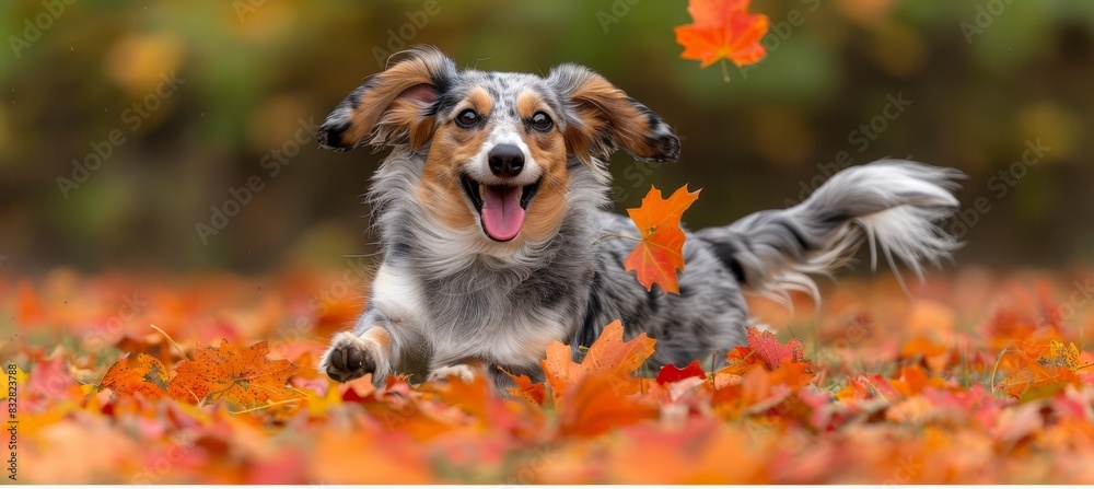 Energetic dachshund puppy playfully digging in vibrant autumn leaves with tongue out