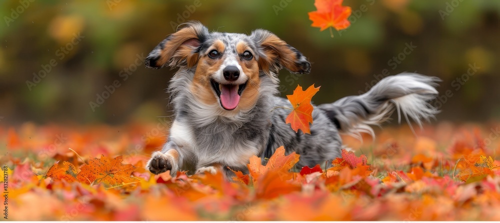 Obraz premium Energetic dachshund puppy playfully digging in vibrant autumn leaves with tongue out