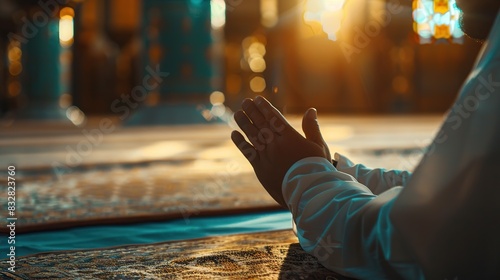 praying hands Muslim men pray to worship with faith during the Ramadan, concept: spirituality religion for hope to create inspiration for living happiness, meditation praise god for forgiveness photo