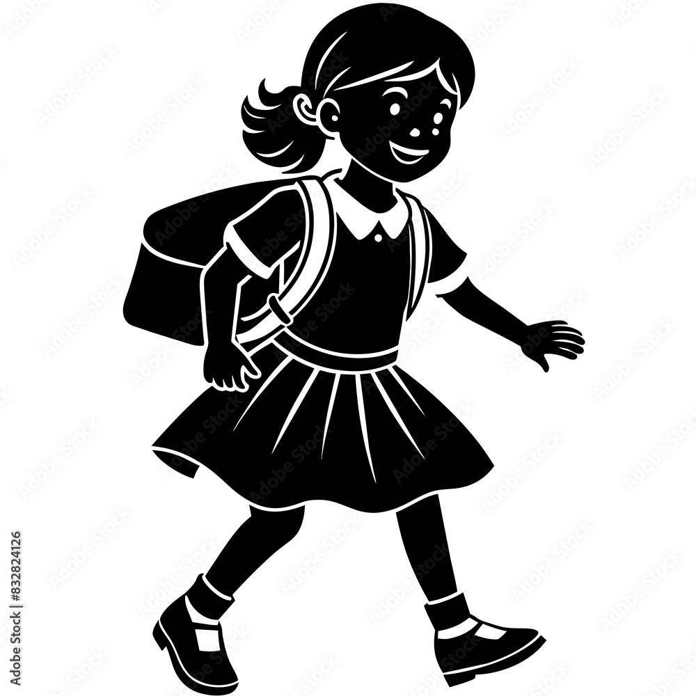 a high-resolution vector silhouette of a realistic school child resembling a human, wearing a school dress outfit and carrying a school bag