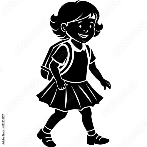 a high-resolution vector silhouette of a realistic school child resembling a human, wearing a school dress outfit and carrying a school bag