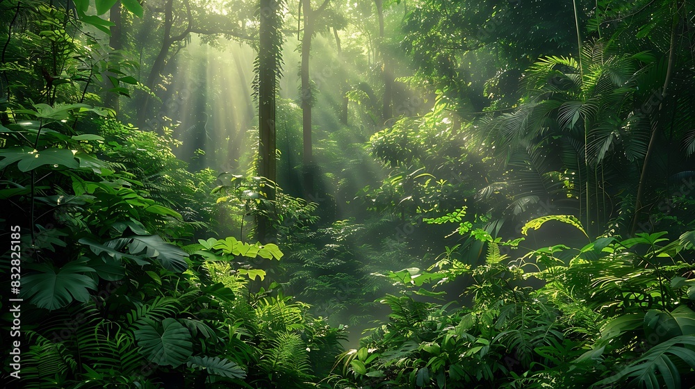 The photo shows the green jungle with bright sun rays shining through the tall trees. The photo shows the green jungle with bright sun rays shining through the tall trees.