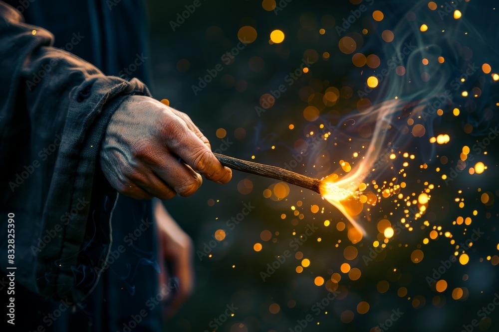 A focused shot of a wizard's hand performing magic with a wand as orange sparks fly intensely around A focused shot of a wizard's hand performing magic with a wand as orange sparks fly intensely around
