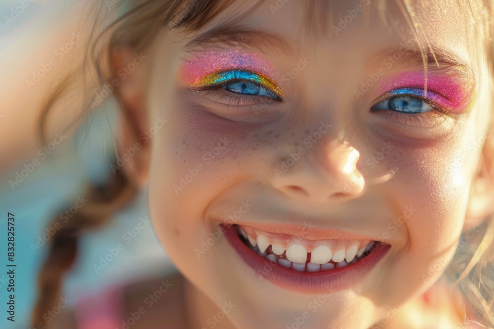 Energetic young girl with a playful expression and bright eye makeup