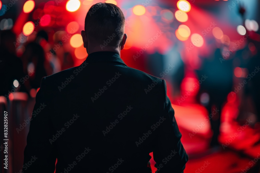 The image shows a person seen from the back looking at a vibrant event with colorful lights and a blurry background The image shows a person seen from the back looking at a vibrant event with colorful lights and a blurry background