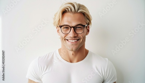 portrait of blond and muscled handsome man in white t-shirt and glasses, looking at camera with sincere smile, isolated white background

 photo