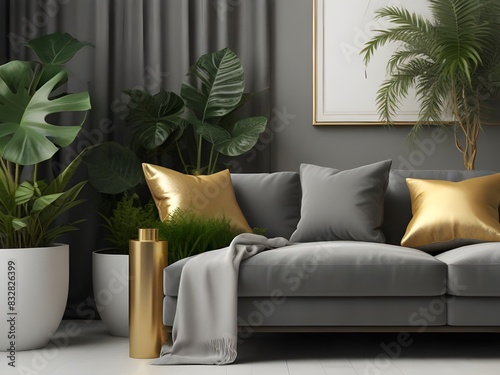 Urban jungle style living room with gray sofa, golden lamp and palms, classic style, luxurious, 3D Render