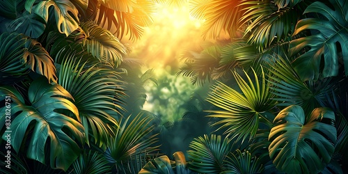 A serene tropical jungle scene with sunlight filtering through the lush green foliage  creating a peaceful and vibrant atmosphere.