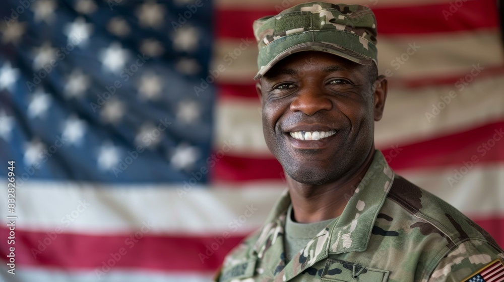 Smiling African American soldier in camouflage with US flag background. Smiling African American soldier in camouflage with US flag background.