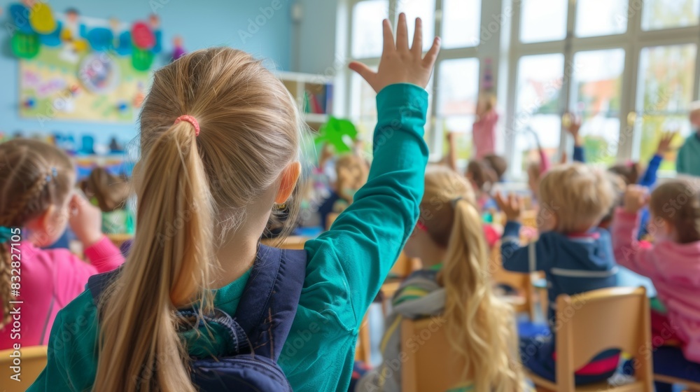 Children raise their hands to answer in the classroom. Back To School concept. Backdrop with selective focus Children raise their hands to answer in the classroom. Back To School concept. Backdrop with selective focus