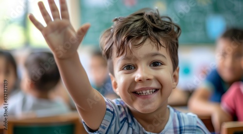 Children raise their hands to answer in the classroom. Back To School concept. Backdrop with selective focus © top images