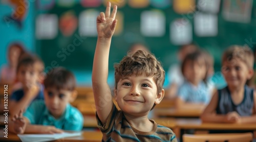 Children raise their hands to answer in the classroom. Back To School concept. Backdrop with selective focus