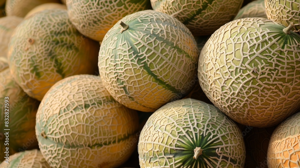 A mound of organic melons stacked on top of each other in a playful pyramid. A mound of organic melons stacked on top of each other in a playful pyramid.