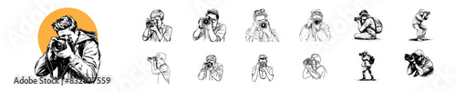 Professional Photographer Illustration Set, Vector Line Drawings of Photographer in Action