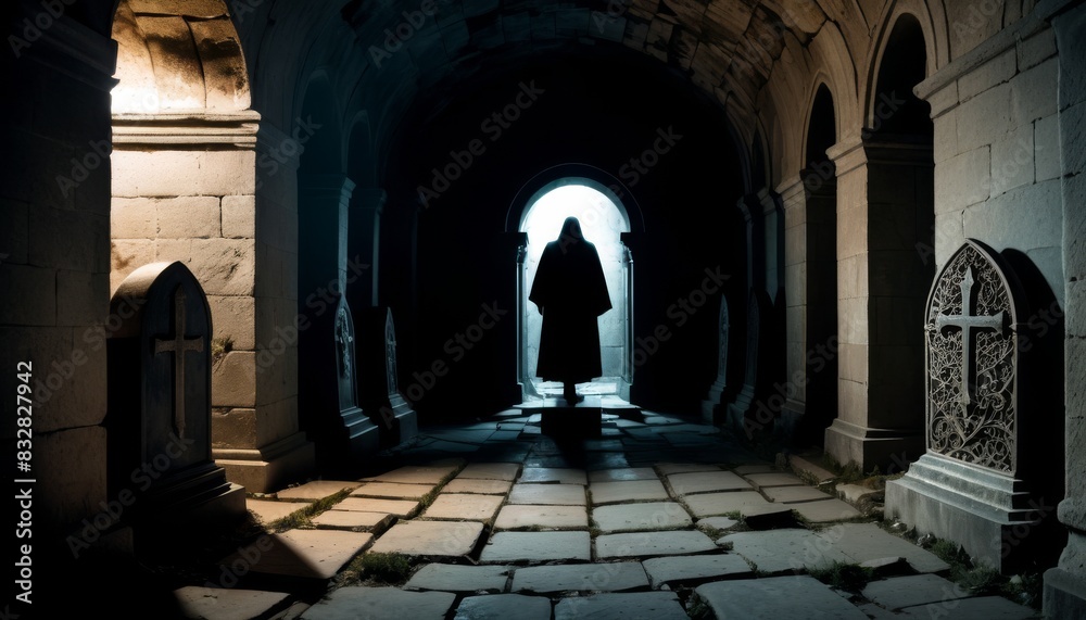 A solitary silhouette stands in a dark monastery archway, with gothic architecture enhancing the mysterious mood.. AI Generation