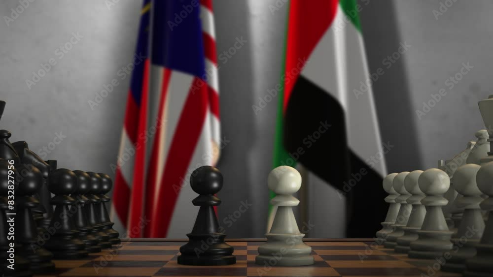Malaysia and UAE National Flags with Chess Board Animation. Politics of Government or Conflict Malaysia and UAE National Flags with Chess Board Animation. Politics of Government or Conflict