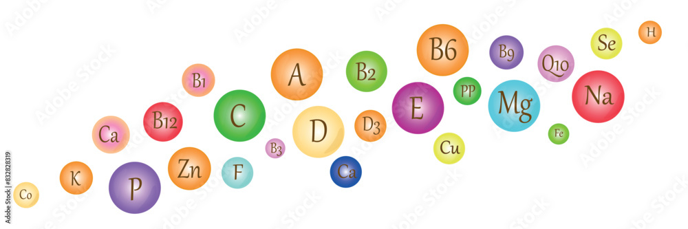 Vitamins, microelements, bio-additives. Poster, banner, vitamin label. Set of round icons with vitamins Vitamins, microelements, bio-additives. Poster, banner, vitamin label. Set of round icons with vitamins