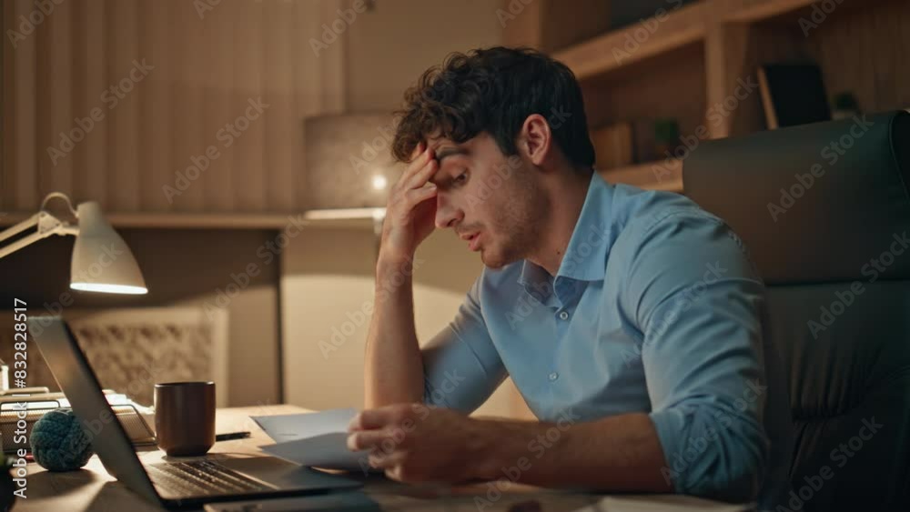 Remote employee have video conference looking work papers late evening close up. Remote employee have video conference looking work papers late evening close up.