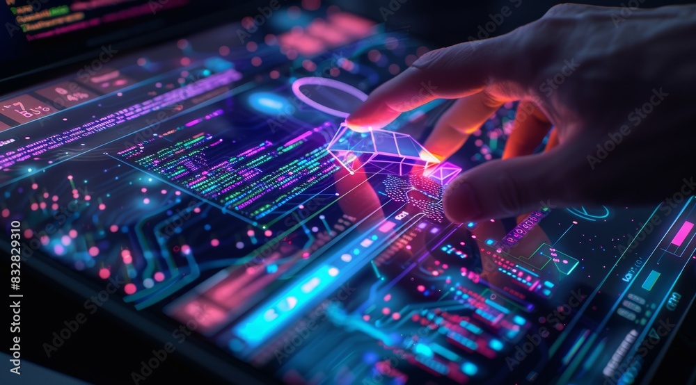 A hand is touching a computer screen with a colorful display of code A hand is touching a computer screen with a colorful display of code
