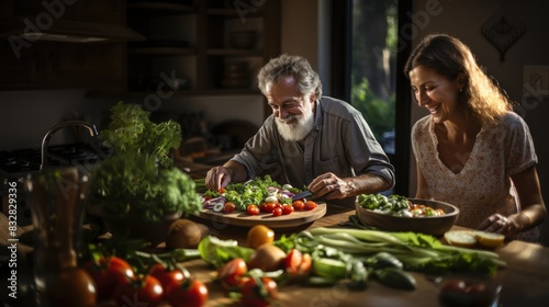 A man and woman blurred out preparing a healthy meal together using a variety of fresh vegetables in a home kitchen
