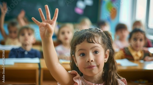 Children raise their hands to answer in the classroom. Back To School concept. Backdrop with selective focus © top images