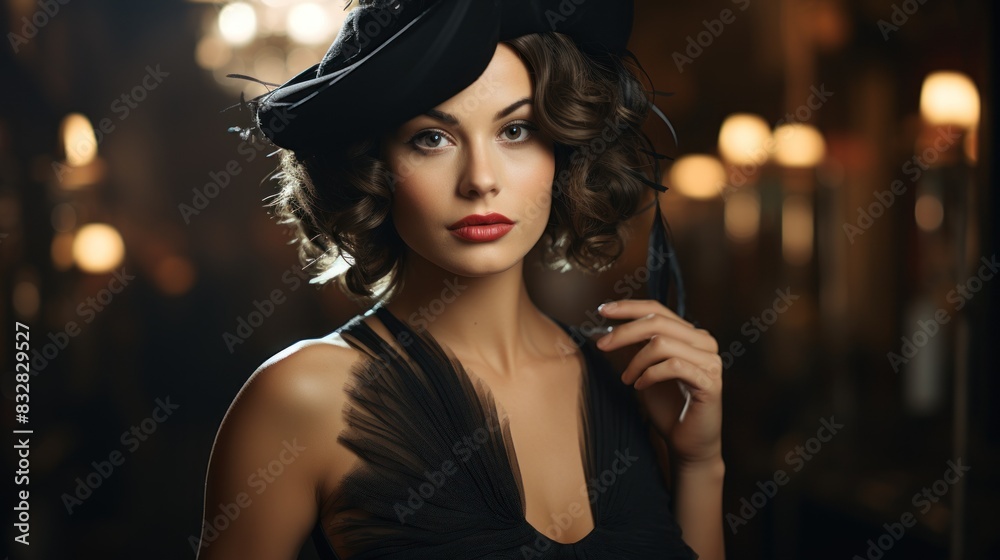 A beautiful woman in a black dress and elegant hat exudes classic grace A beautiful woman in a black dress and elegant hat exudes classic grace