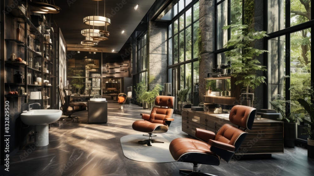A luxurious and contemporary hair salon with stylish chairs and large windows overlooking a lush forest A luxurious and contemporary hair salon with stylish chairs and large windows overlooking a lush forest