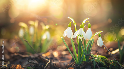 The close-up view of white bell-shaped flowers emerging from the ground, likely snowdrops, evokes a sense of early spring photo