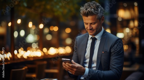 A stylish man in business attire engaged with his smartphone outdoors at night