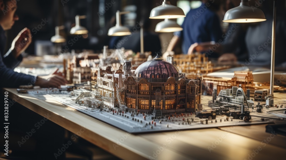 A detailed architectural scaled model displayed on a table with focused lighting in a design studio