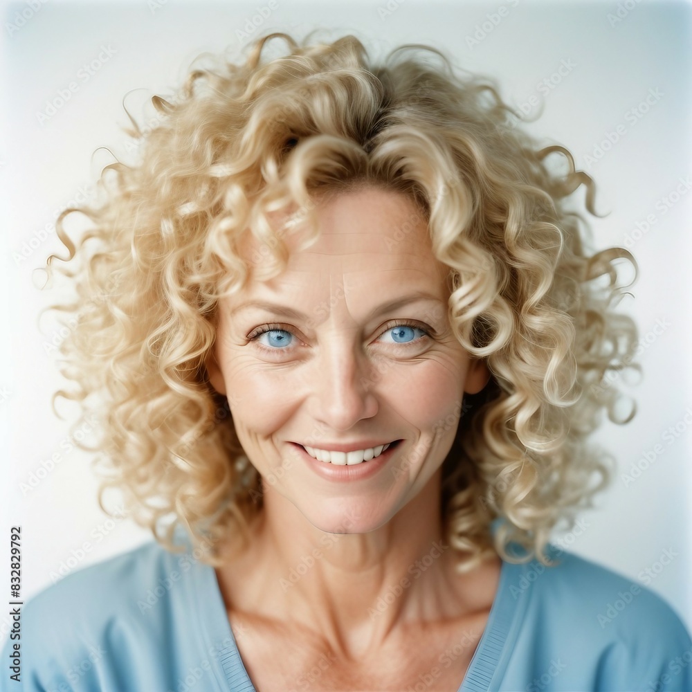 portrait of happy and attractive middle-aged women with blonde curly hair and light blue eyes, isolated white background

