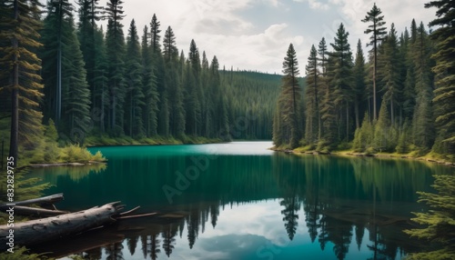 A tranquil forest scene featuring a pristine lake reflecting towering evergreens under a soft sky  evoking peace and solitude.. AI Generation