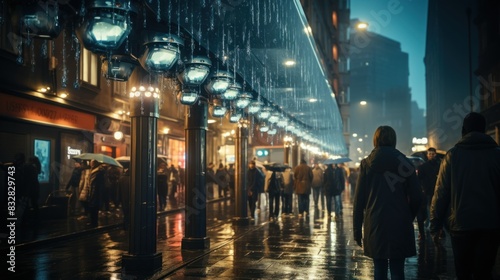 A moody, wet cityscape scene with glowing street lamps and blurred people walking under rain