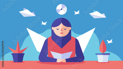 For a brief moment all worries and stresses disappear as the mind becomes fully absorbed in the mindful art of origami folding.. Vector illustration