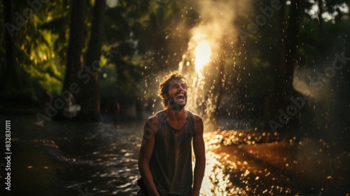 A man in joyful ecstasy with his mouth open as a splash of water hits him in sunlight