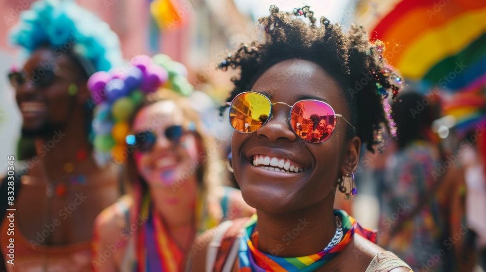A woman at an LGBT parade in support of the pride community. Background with selective focus and copy space A woman at an LGBT parade in support of the pride community. Background with selective focus and copy space