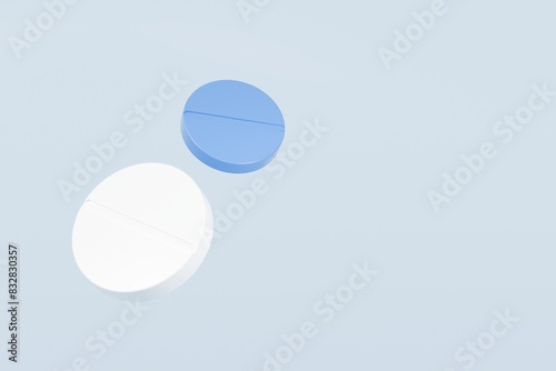 3d White pill or white drug icon isolated on blue background. Emergency  Safety  equipment medic health medicine and drugs concept. 3d minimal White capsules icon for web  Pills. Health. 3d render.