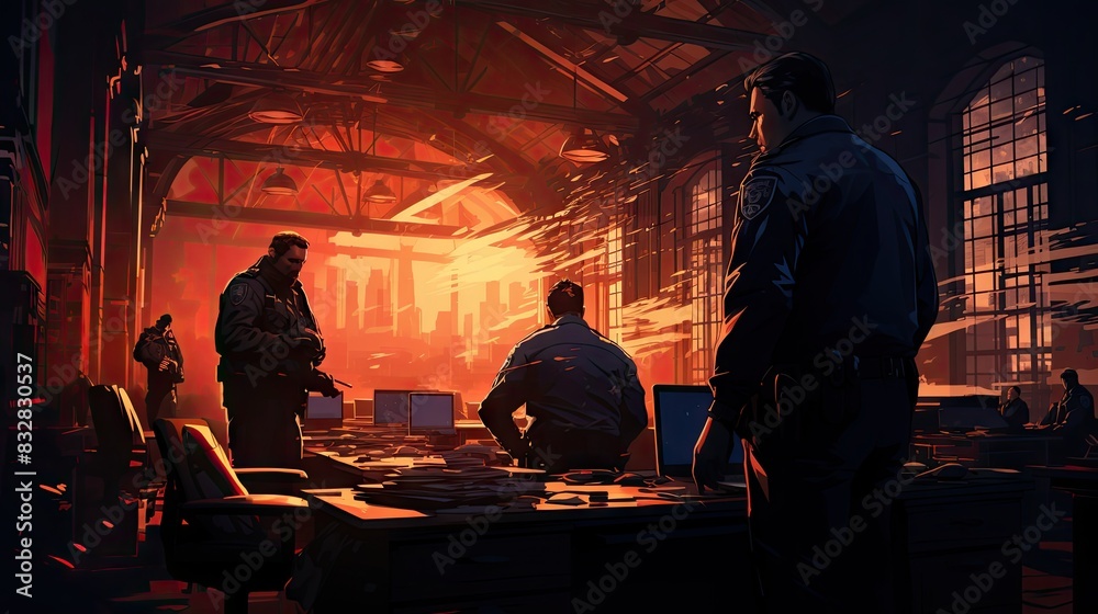 Dramatic artwork capturing a sunset view from a police station overlooking an industrial cityscape Dramatic artwork capturing a sunset view from a police station overlooking an industrial cityscape