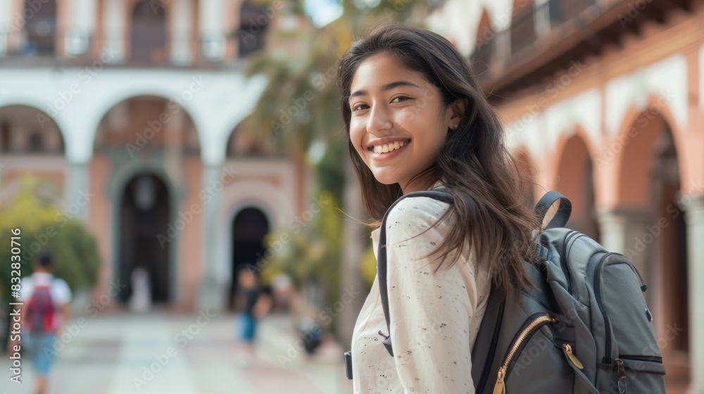 Young female student goes to class, back to study concept. Background with selective focus and copy space Young female student goes to class, back to study concept. Background with selective focus and copy space