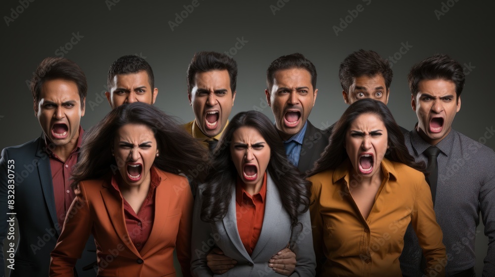 A dramatic display of collective outrage, featuring men and women in stern business attire showcasing intense emotions A dramatic display of collective outrage, featuring men and women in stern business attire showcasing intense emotions