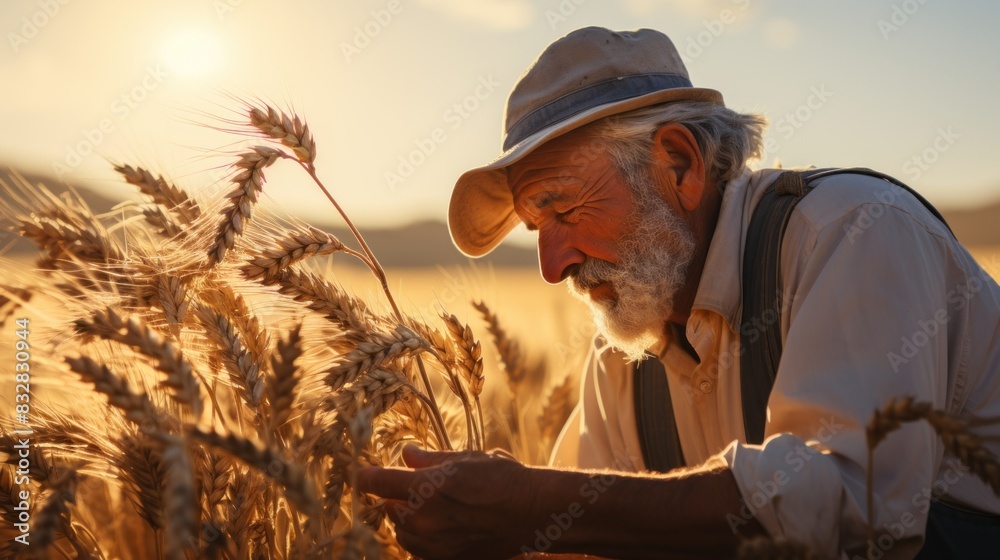 An elderly farmer with a white hat is inspecting the wheat ears in a golden wheat field during sunset creating a serene rural scene An elderly farmer with a white hat is inspecting the wheat ears in a golden wheat field during sunset creating a serene rural scene