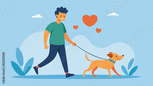 A volunteer happily walking a previously abused dog showcasing the progress and love given at the rescue shelter.. Vector illustration
