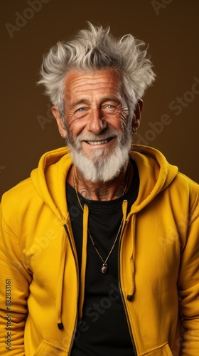 A charismatic elderly man with a bright smile and tattoos, featuring a modern, stylish aesthetic © AS Photo Family