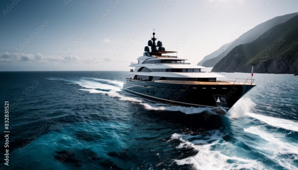 A luxurious yacht cruising on the ocean with waves breaking around it, showcasing opulence and advanced marine design.. AI Generation