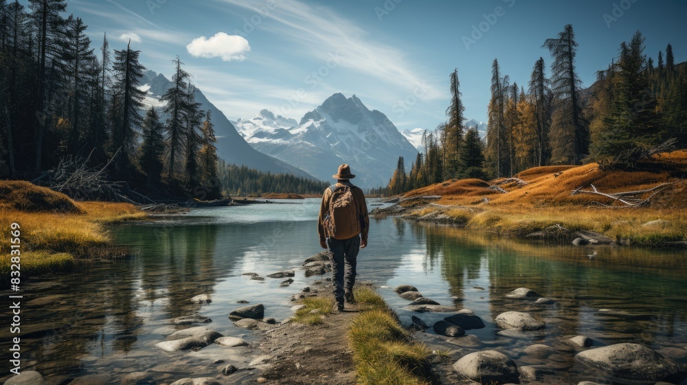 The image captures a serene outdoor scene with an individual gazing at majestic mountains and a clear river surrounded by autumn foliage