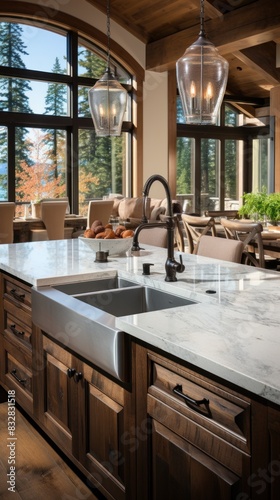 This image showcases a high-end kitchen with marble countertops  wood cabinetry  and elegant pendant lights