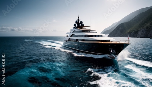 A luxurious yacht cruising on the ocean with waves breaking around it, showcasing opulence and advanced marine design.. AI Generation © Anastasiia