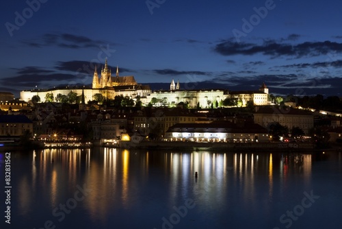 Twilight view of prague castle over vltava river